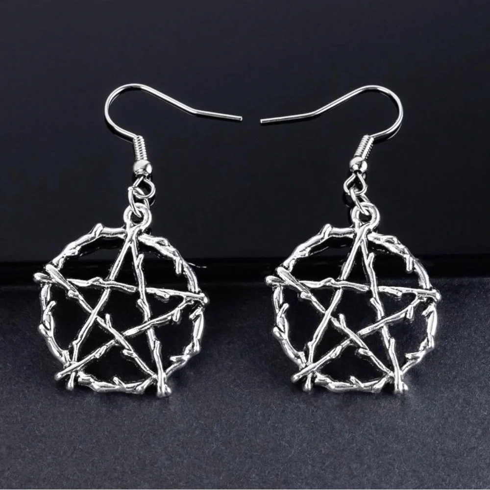 Silver Barbed Wire Pentagram Drop Earrings